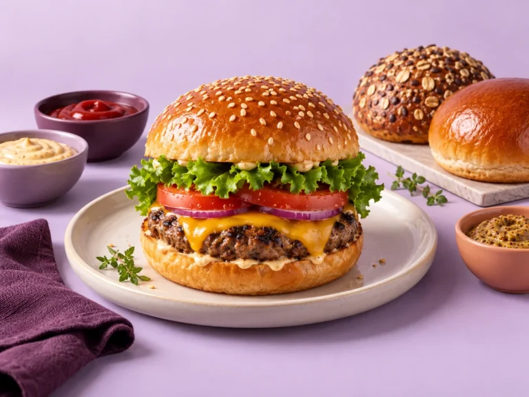 Custom gourmet burger with buns and sauces