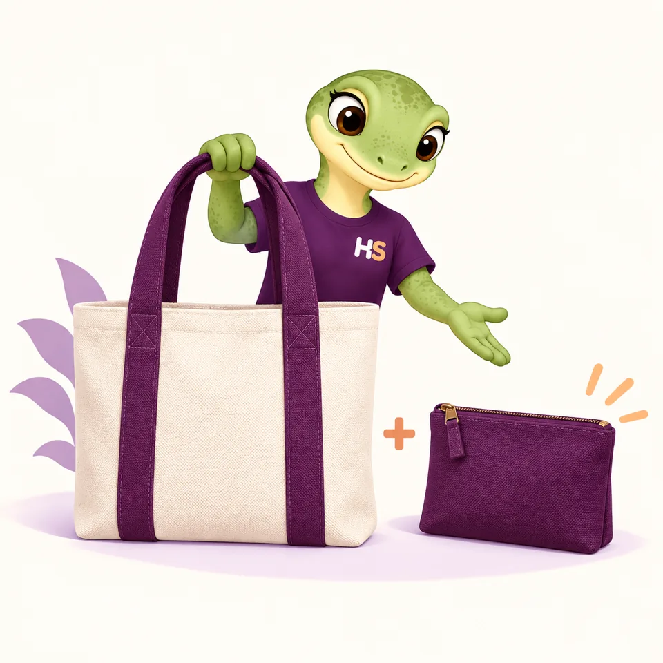 HookSpark gecko presenting a canvas kit with a separate optional pouch