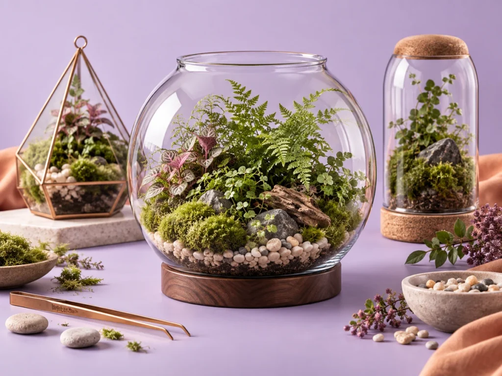 Glass terrarium with miniature plants